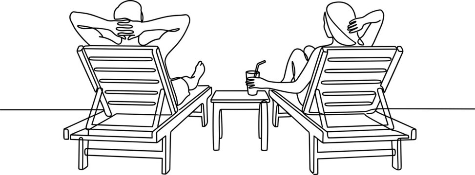 Continuous line art illustration of a couple relaxing on lounge chairs.