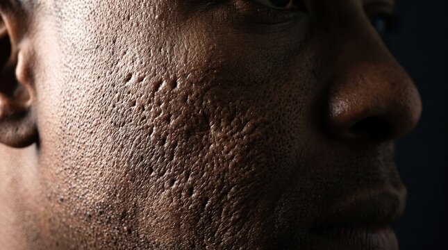 Macro profile view of adult dark skin cheek with deep pitted icepick and boxcar acne scars