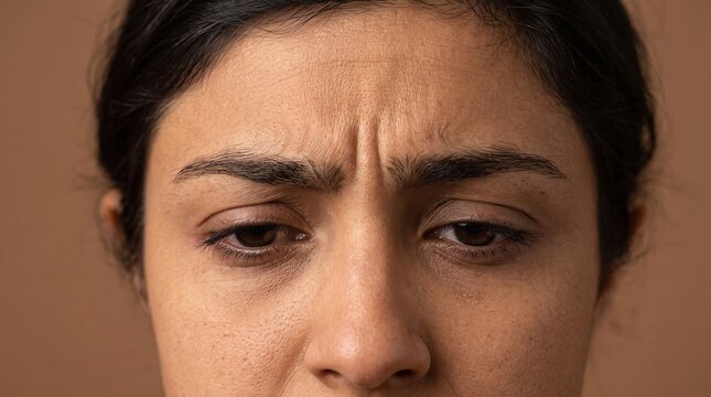 Close up portrait of young woman with visible frown lines and forehead wrinkles from stress