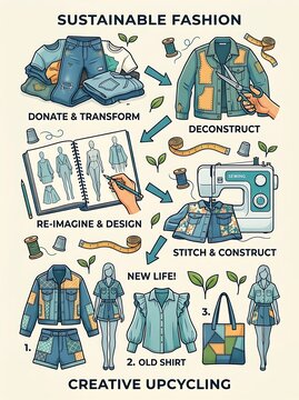 Sustainable fashion upcycling process with garment design infographic