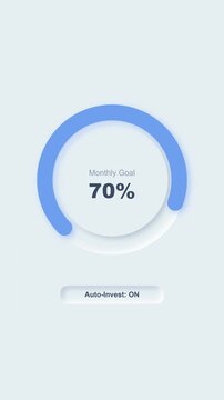 Motion portrait animation of finance progress UI showing a seventy percent monthly goal and auto invest feature in neumorphic design.