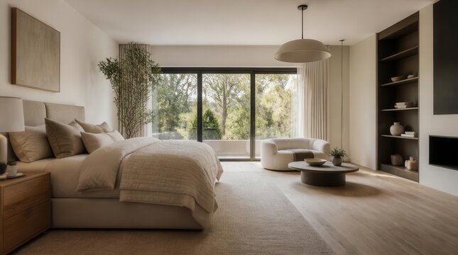 A luxuriously appointed master bedroom showcases a king-sized bed with plush bedding, a cozy seating area near expansive windows offering verdant outdoor views, and a sleek built-in shelving