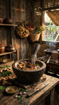 A traditional wooden mortar and pestle (lesung and alu), placed in a rustic setting, warm cinematic lighting, high detail