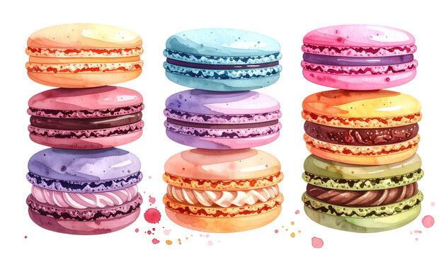 Sweet Watercolor Macarons Pastries In Pastel Colors Isolated