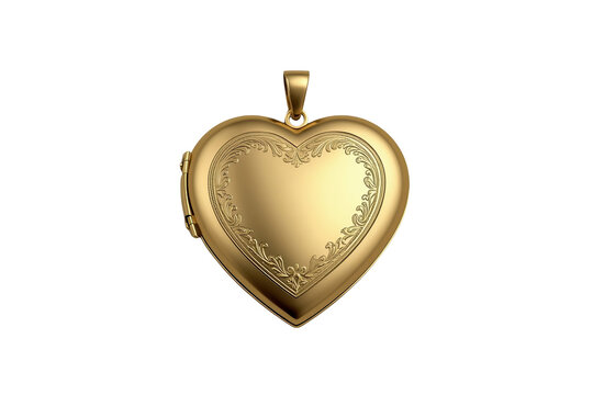 Golden heart shaped locket pendant with ornate engraving, symbolizing love, memory, and romance on transparent background