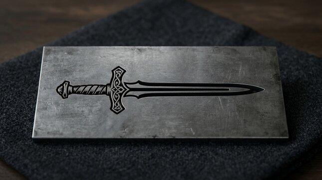 Ancient sword engraving on metal plate historic weapon design