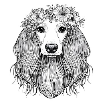 Dog Head With Long Hair And Flower Mandala Animal Coloring Page Vector