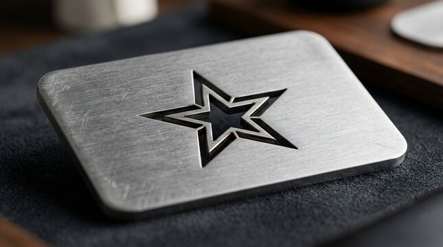 Brushed metal square with star cutout on dark textured surface