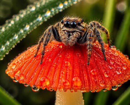 Jumping spider and mushroom