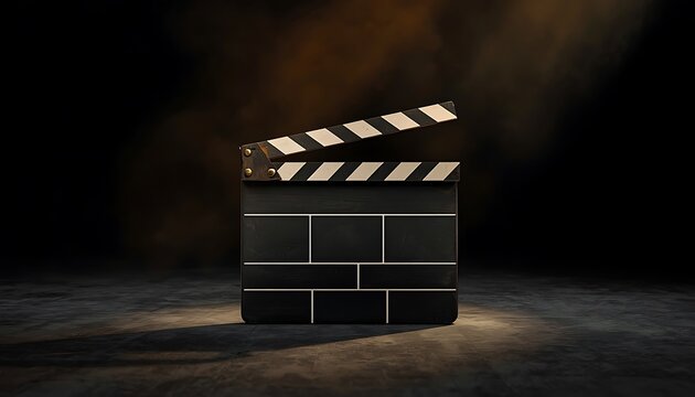 Dynamic scene of a classic film clapperboard standing prominently on a dark stage, ready to initiate a cinematic production, symbolizing the start of creative storytelling and movie magic