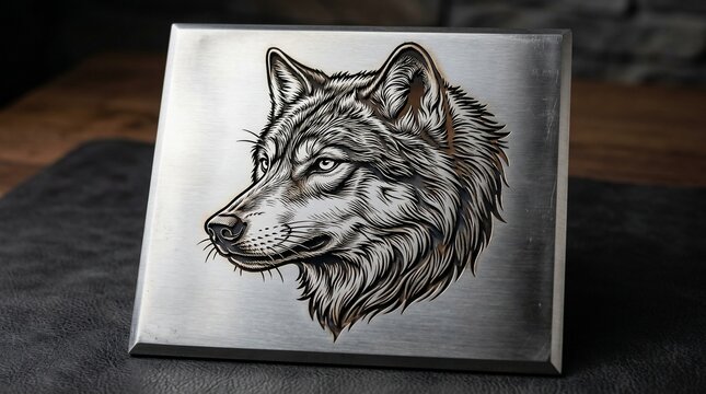 Detailed wolf head illustration on brushed metal surface