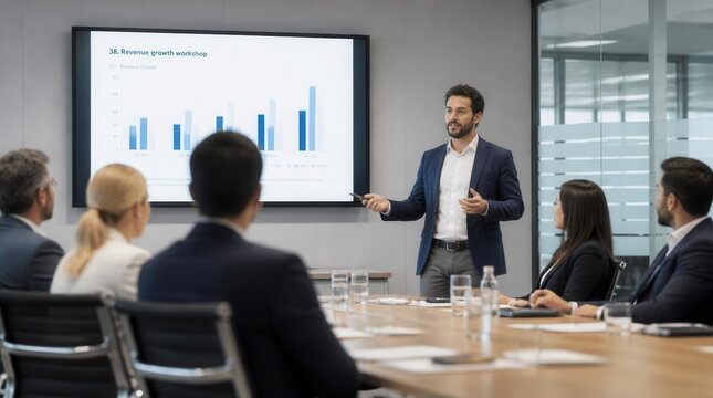 A skilled presenter confidently guides his professional team through important financial growth charts and strategic corporate analytics during an engaging boardroom meeting, fostering