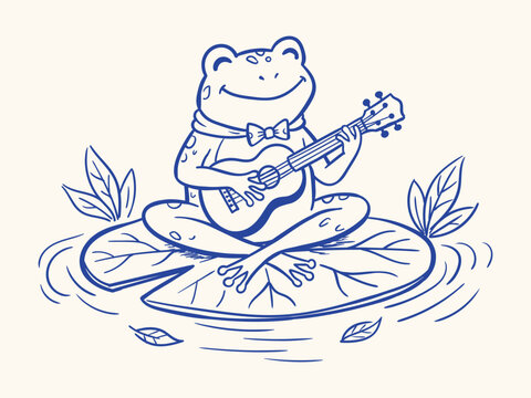 Cute cartoon frog playing guitar on lily pad in pond line art vector sketch illustration