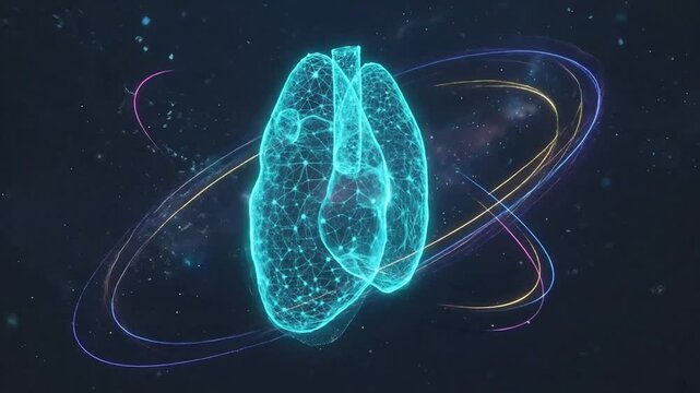 Vibrant digital animation of floating glowing lungs with orbiting lines representing energy flow or respiration process in a