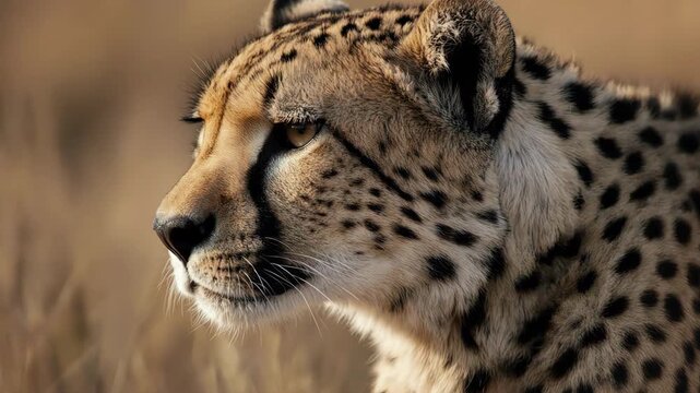 Close-up of cheetah face with focused, alert eyes