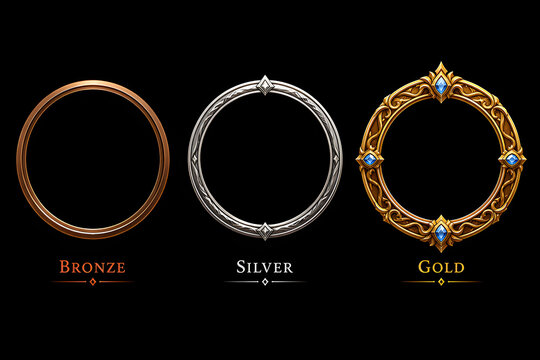 Fantasy circular avatar border collection with bronze silver and gold rank frames