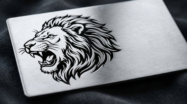 Fierce lion head graphic engraved on metal surface