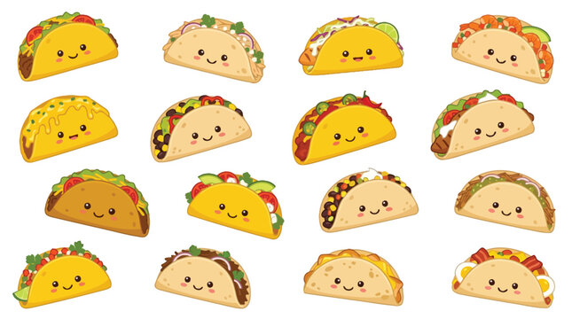 A collection of adorable cartoon tacos with happy faces and different fillings, arranged in a grid on a white background.