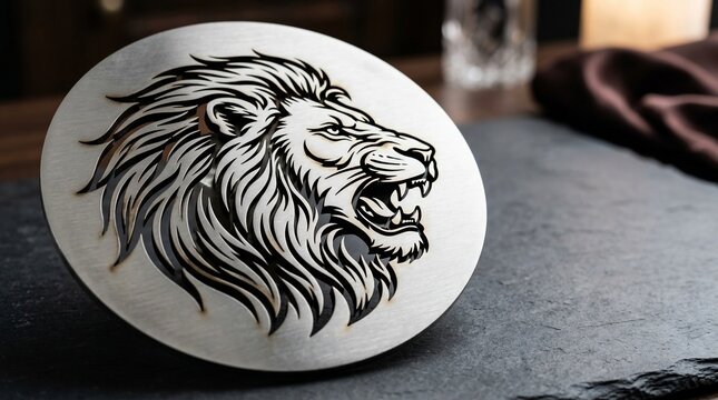 Fierce lion head engraving on smooth stone surface