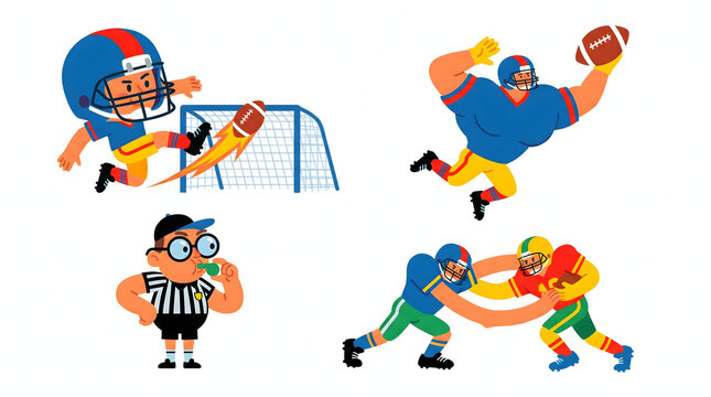 American football character set featuring players in action poses and a cartoon referee