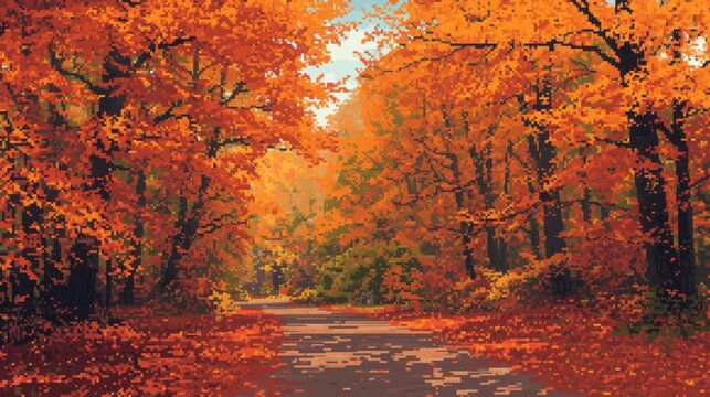 Sunlit Autumn Forest Pathway with Vibrant Fall Foliage and Warm Glow