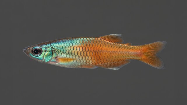 Rainbowfish swimming isolated on plain gray background