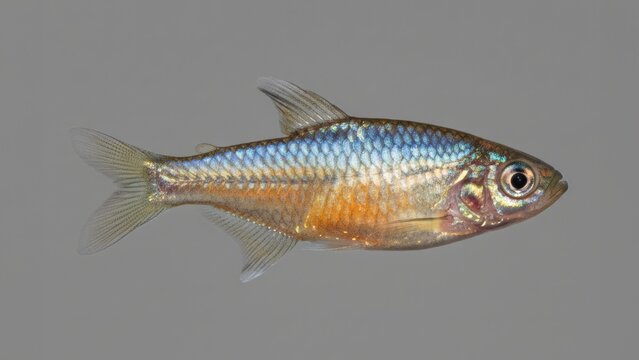 Small rasbora fish swimming isolated on plain gray background