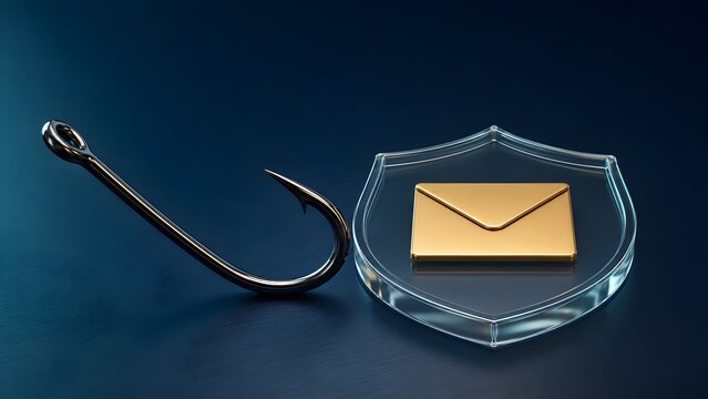 Phishing attack protection concept with glass shield blocking metal hook from catching gold email envelope representing anti spam and cyber fraud defense