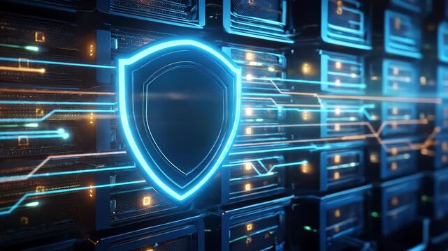 Blue digital shield icon protecting rows of hardware in a modern server data center