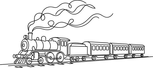 Black and white line art illustration of a vintage steam locomotive train. © Alvina