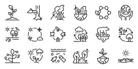 Fototapeta premium Ecosystem Icons Set. Ecology Outline Vector Collection with Editable Stroke Vector Illustration.