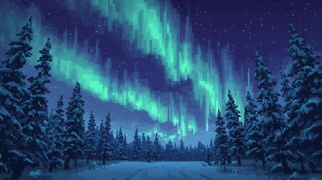 Vibrant Northern Lights Glowing Over Snowy Forest in Night Sky