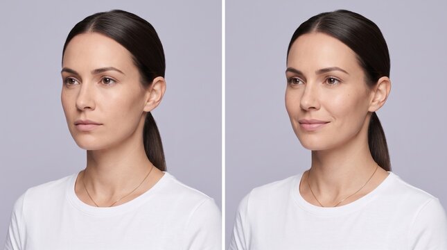 Comparison portrait of brunette woman looking forward and to the side with portrait comparison brunette expression