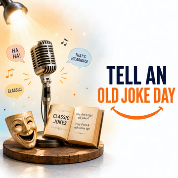 Tell an Old Joke Day celebration with vintage microphone, comedy mask, and classic joke book