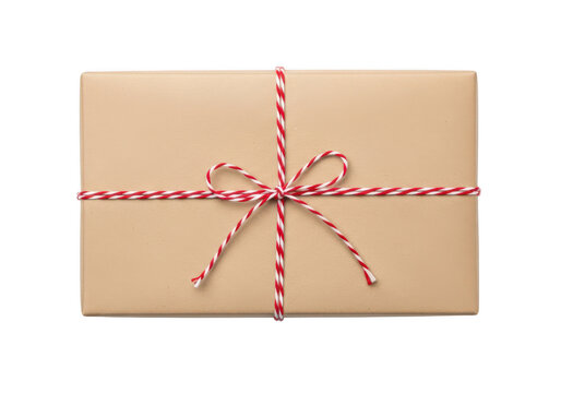 Brown paper gift envelope tied with red and white string