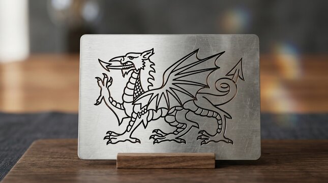 Mythical dragon engraving on metallic surface displayed on wooden stand