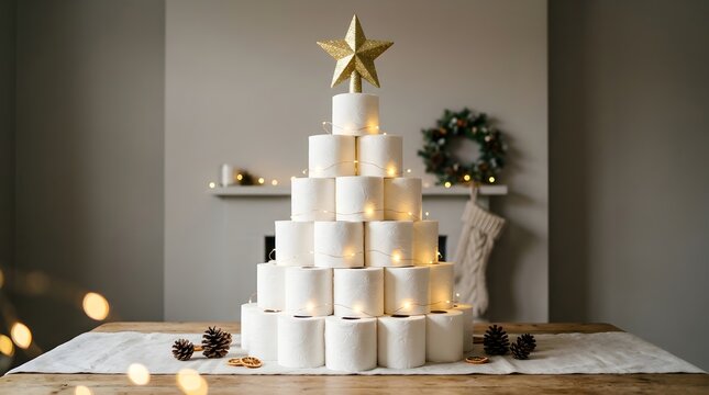 Creative christmas tree made of toilet paper rolls with golden star and fairy lights
