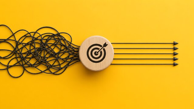 Problem solving strategy transforming chaotic tangled wires into straight directed arrows through a target goal icon on yellow background