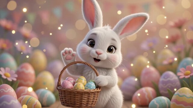 Cute white easter bunny holding a basket of colorful eggs