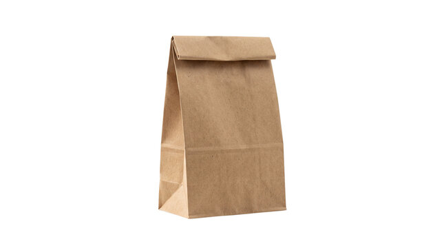 Brown kraft paper bag for lunch or takeaway food, recycled grocery sack with folded top, eco-friendly packaging for retail and snacks isolated PNG with Transparent Background