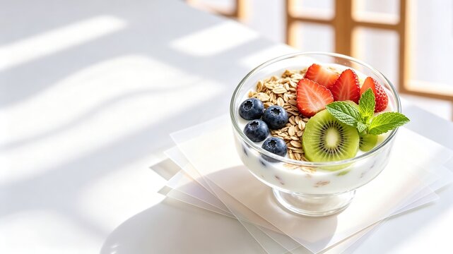 Healthy yogurt parfait in glass bowl topped with granola,Fits cafe menu slides, nutrition blog brochures, wellness web banners, healthy breakfast lifestyle promotional visuals.