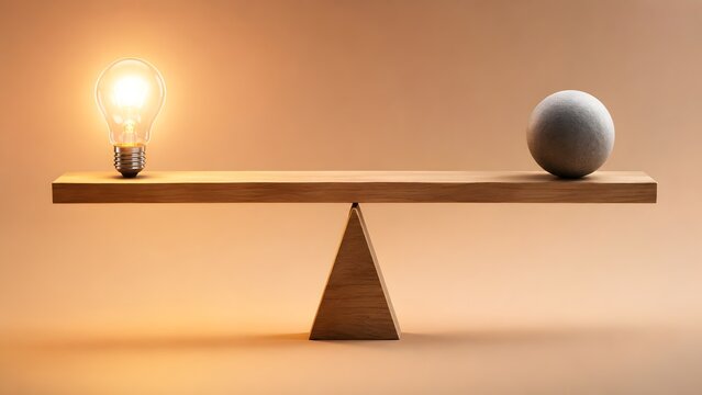 Creative intelligence value comparison showing bright glowing lightbulb and heavy stone balanced perfectly on wooden seesaw scale