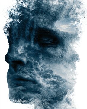 Mans head is layered with rain clouds and a small clearing sky, highlighting a mix of sadness and hope.