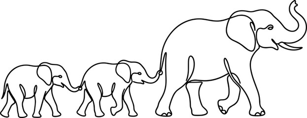 Continuous line art illustration of an elephant family walking together. © zoro0