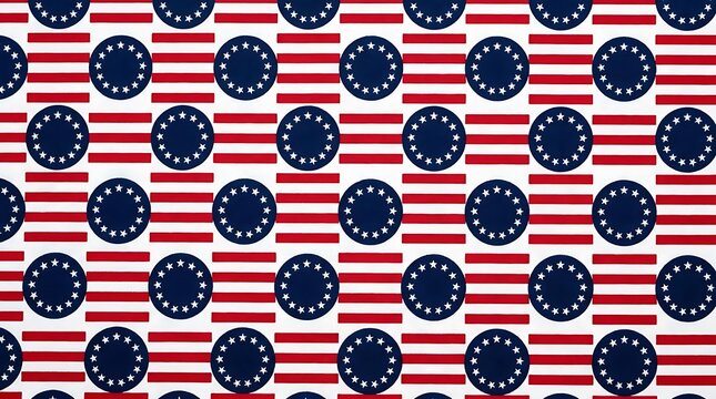 A repeated pattern design featuring the flame-13 colonies flag with blue star circles and red stripes symbolizing historical american patriotism and heritage