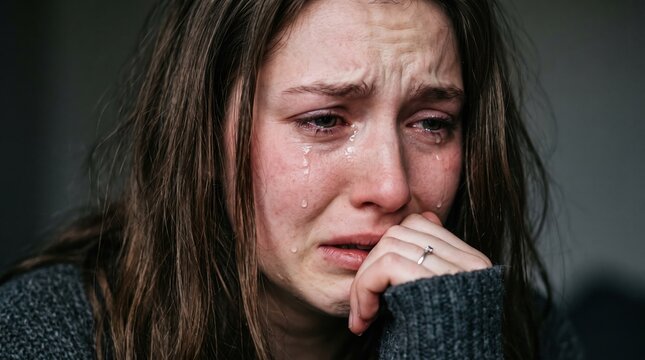 Close-up portrait of a distressed young woman crying with tears running down her face distress emotional melancholy