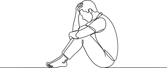 Fototapeta premium Continuous one line drawing of a man sitting alone feeling depressed and lonely.