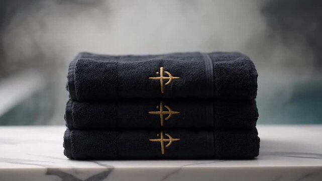 Stack of Luxurious Black Towels with Gold Embroidery on Marble Surface.