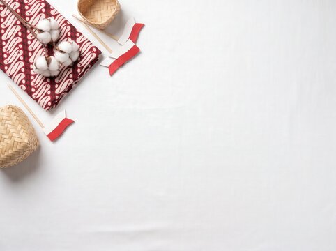 Creative Corner of 17 August Celebration with Parang Batik Cloth, Small Flags, and Bamboo Baskets