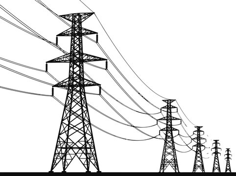 Industrial electrical transmission towers with high voltage power lines stretching into distance electricity transmission infrastructure industrial electrical silhouette engineering